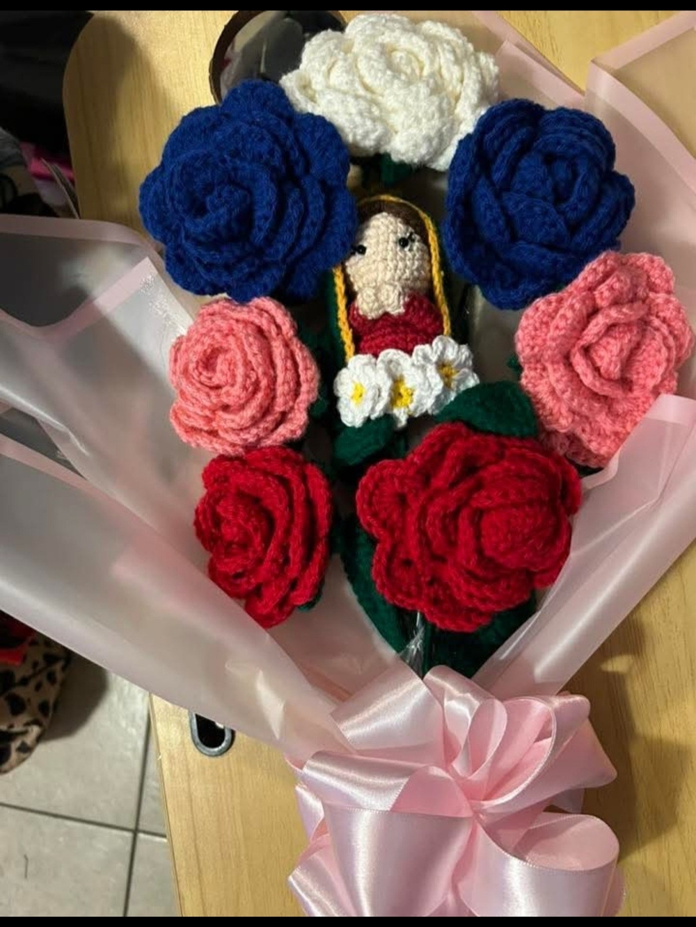 Handmade Crochet Flower Bouquet with Doll Accent - Multicolor